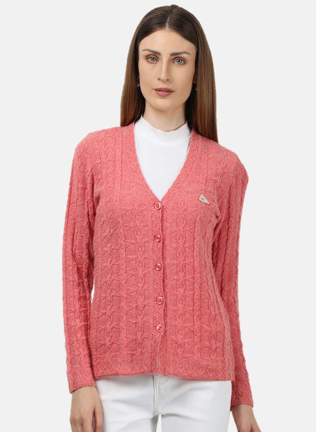 Women Light Red Self Design Cardigan