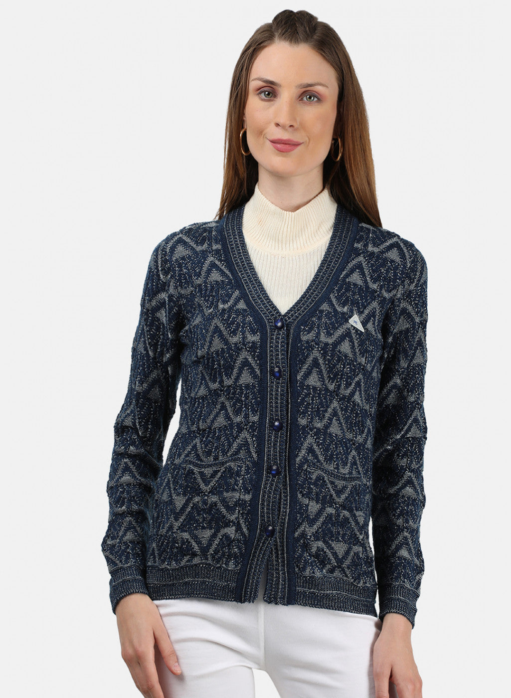 Women Blue Self Cardigan