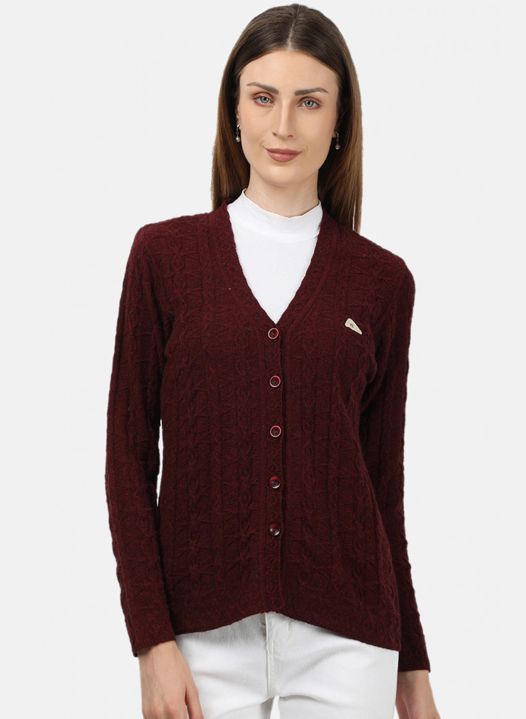 Women Maroon Self Design Cardigan