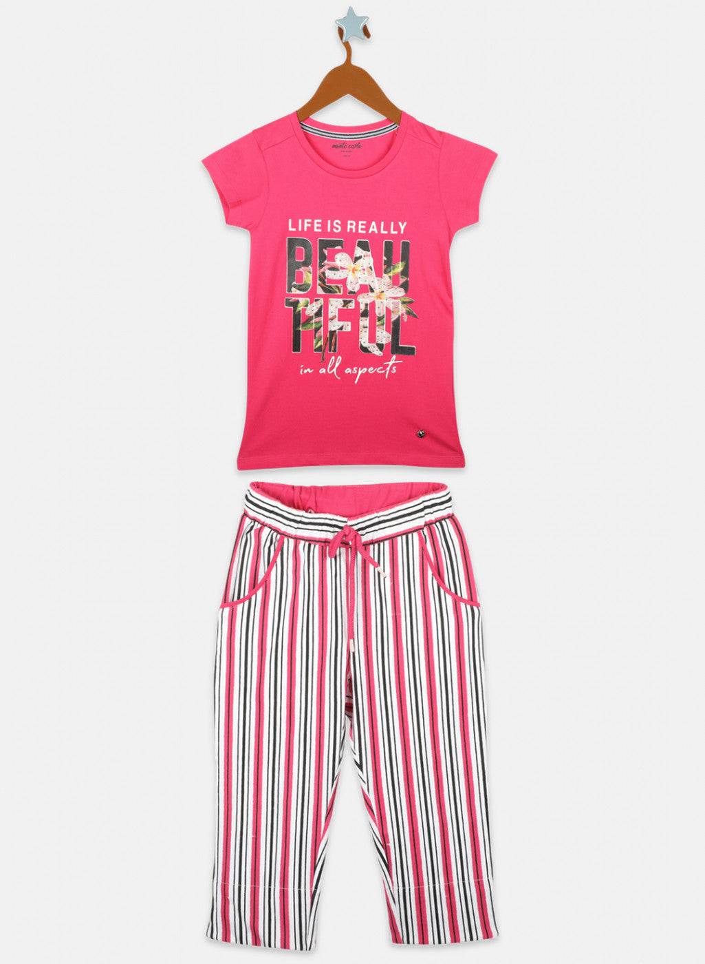 Girls Pink & Off White Printed Capri Set