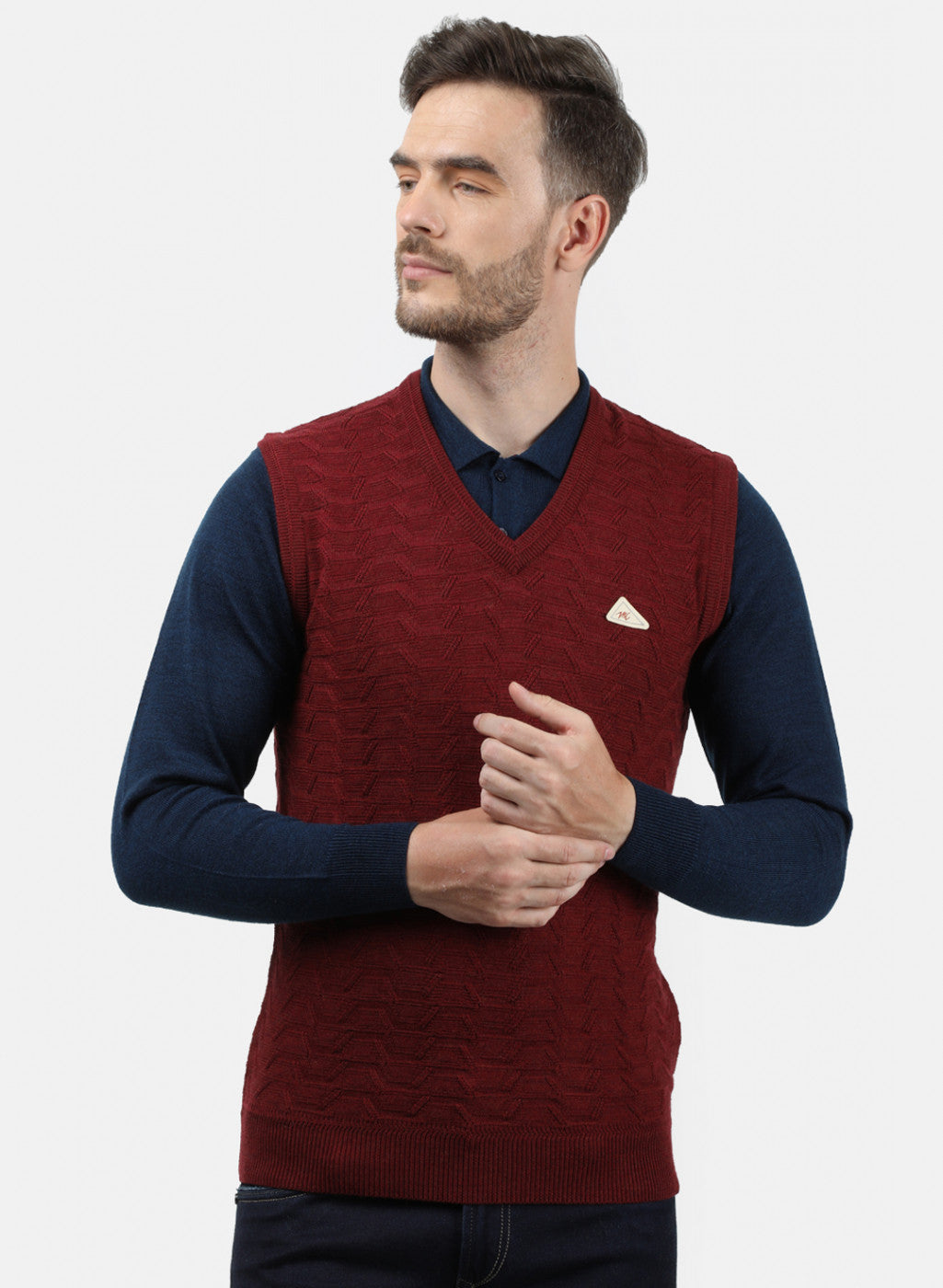 Men Maroon Self Sweater