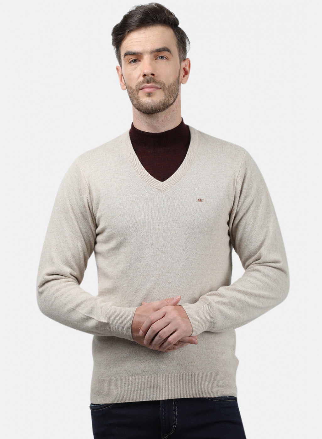 Men Beige Solid Pullover