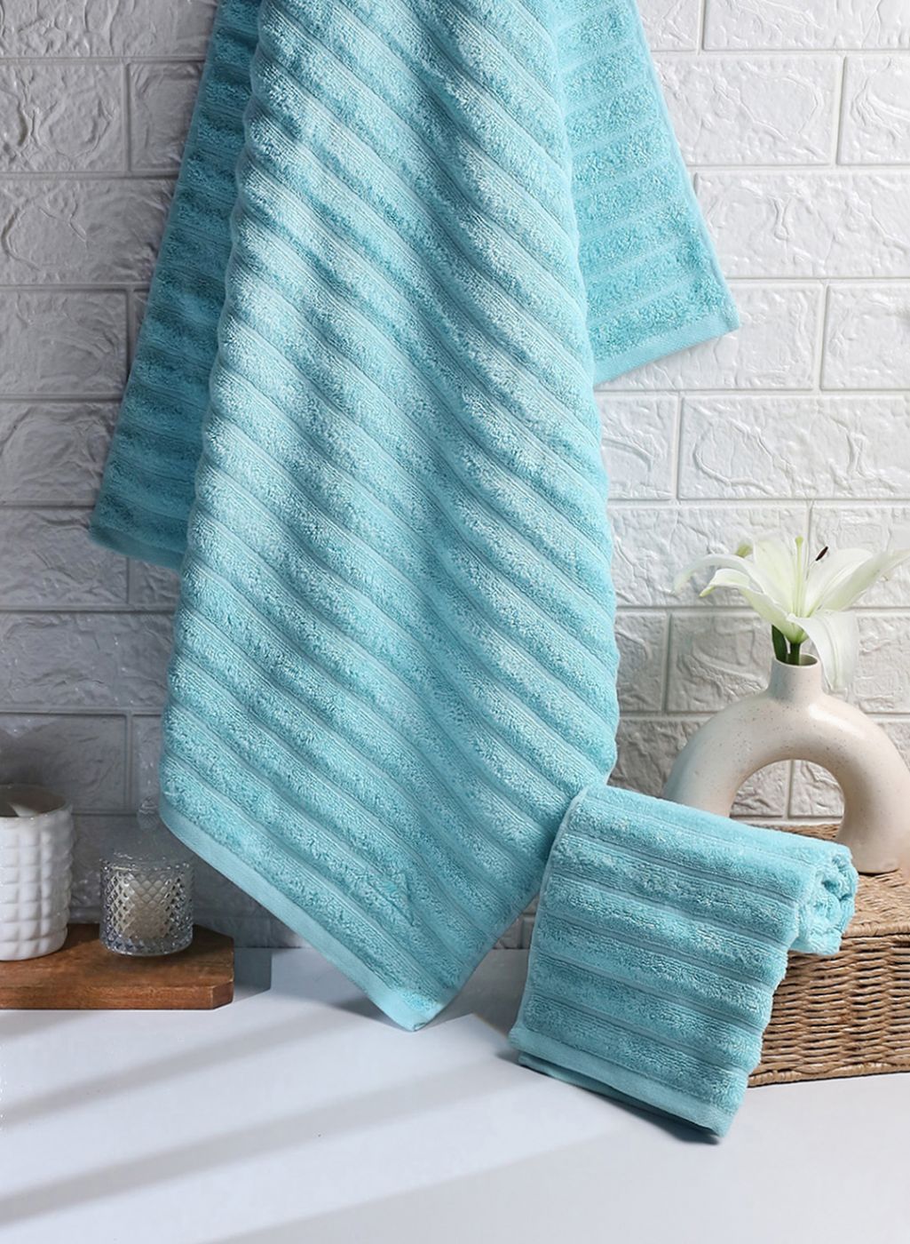 Sky Blue Cotton 525 GSM Towel Set Pack of 2 (1 Bath & 1 Hand Towel)