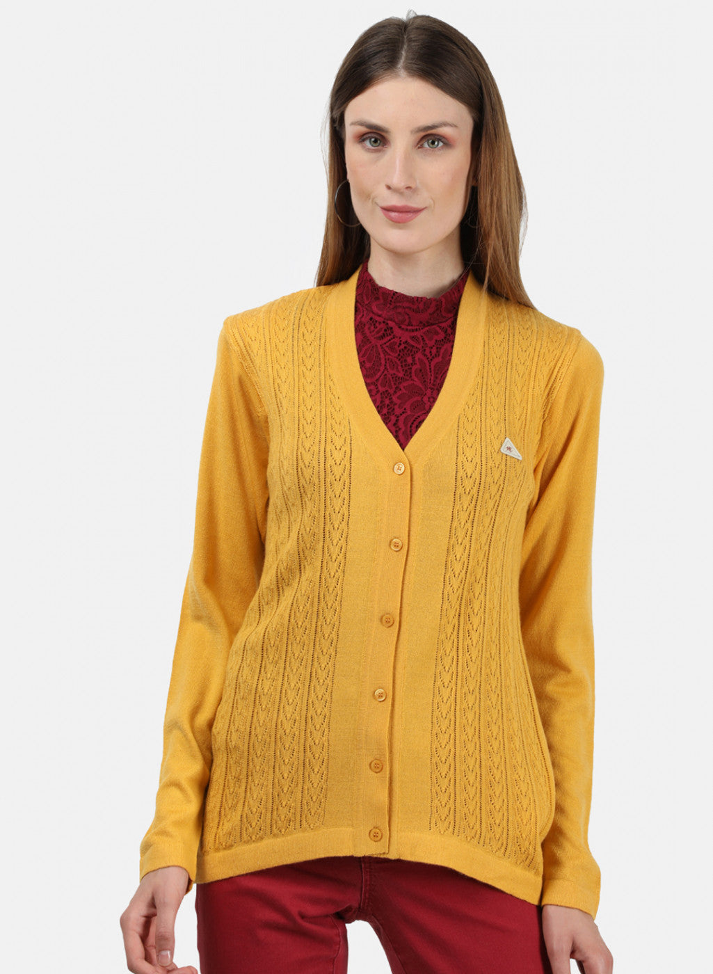 Women Yellow Self Cardigan