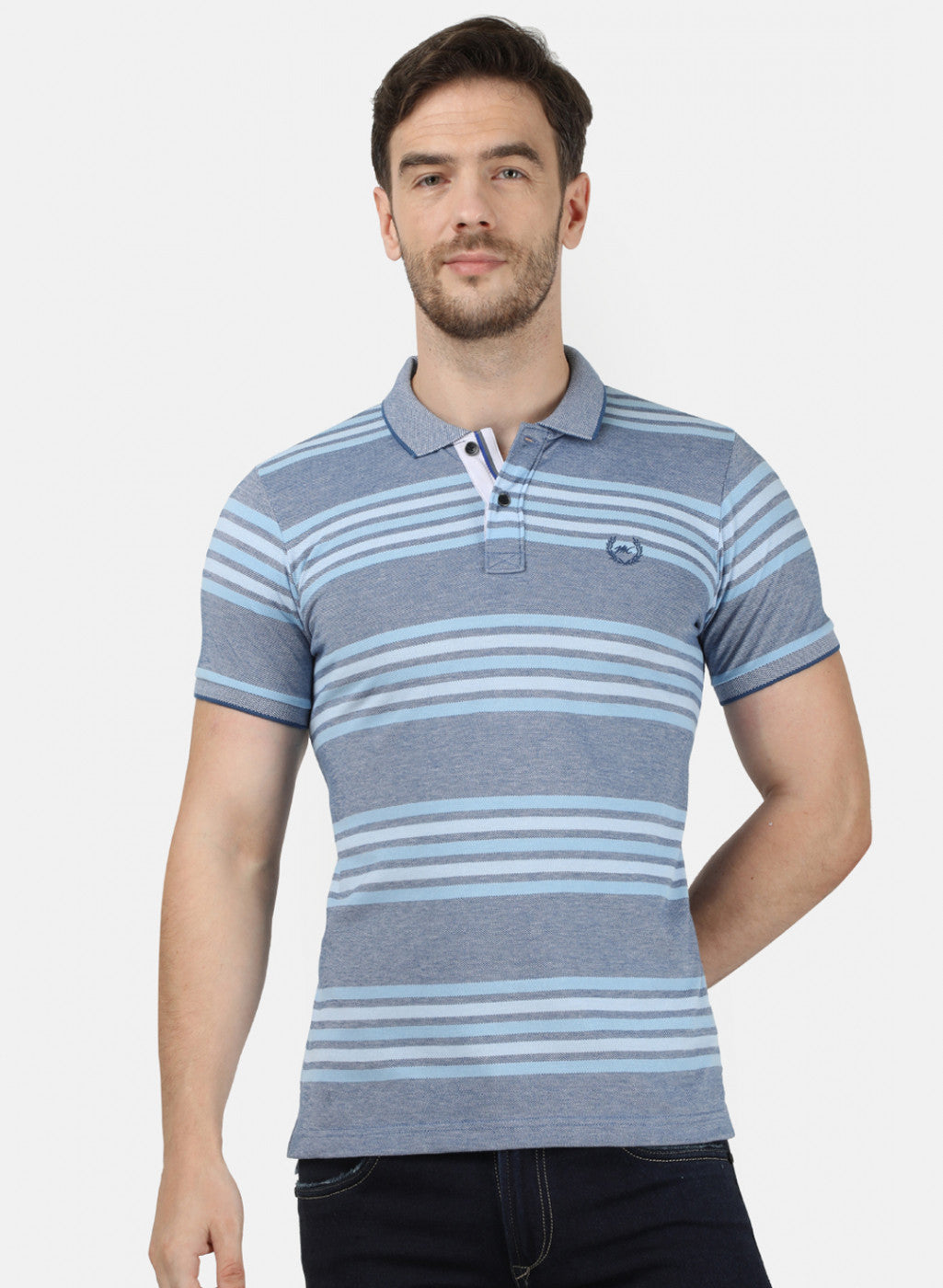 Mens Sky Blue Stripe Collar T-Shirts