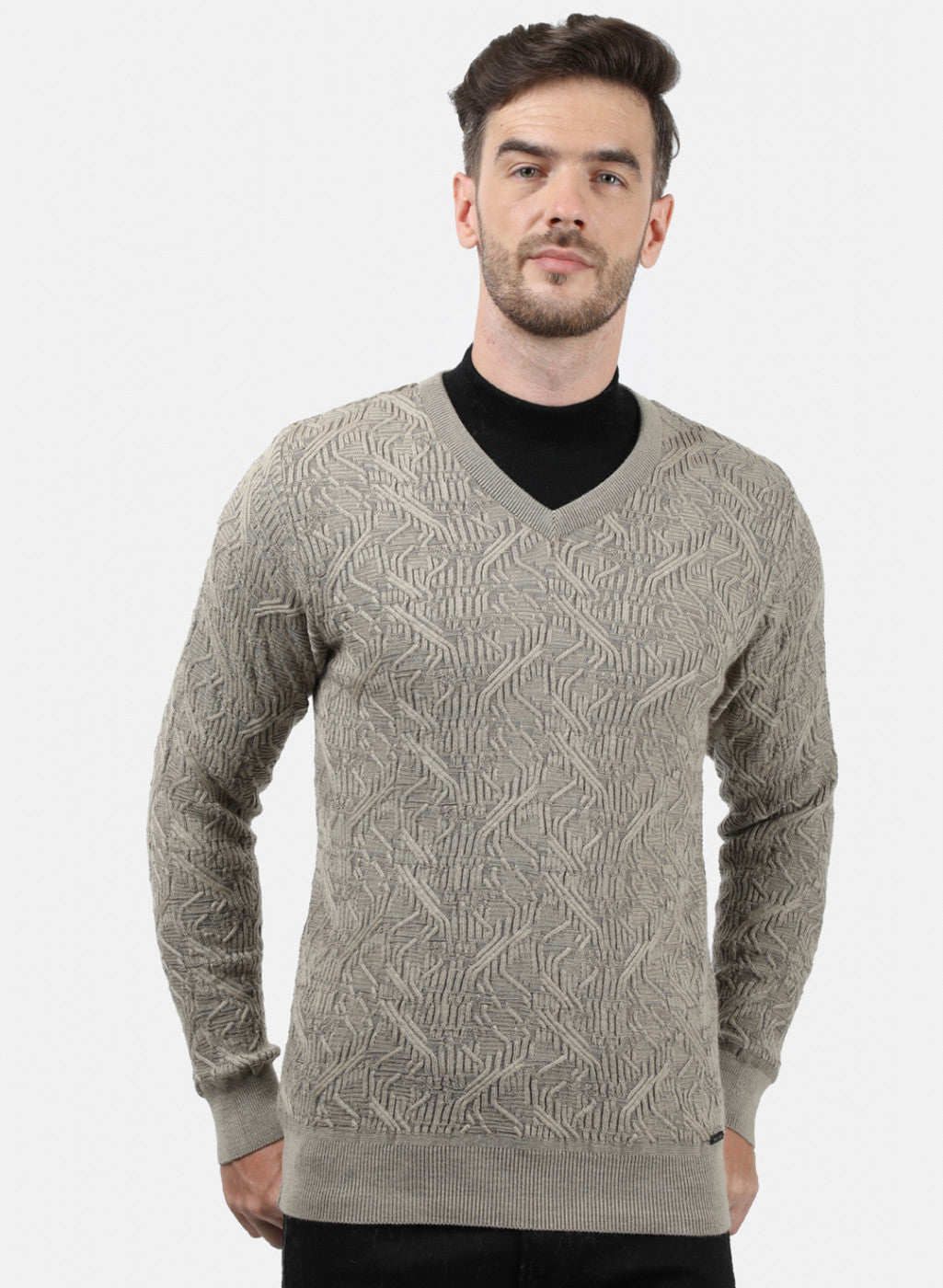 Men Beige Self Pullover