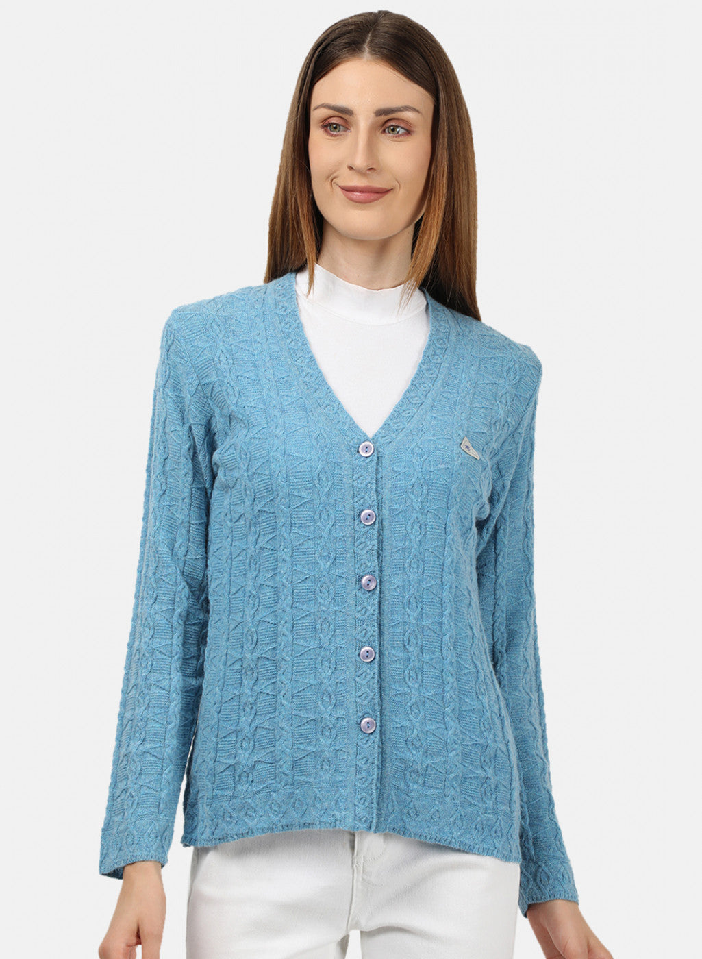 Women Blue Self Design Cardigan