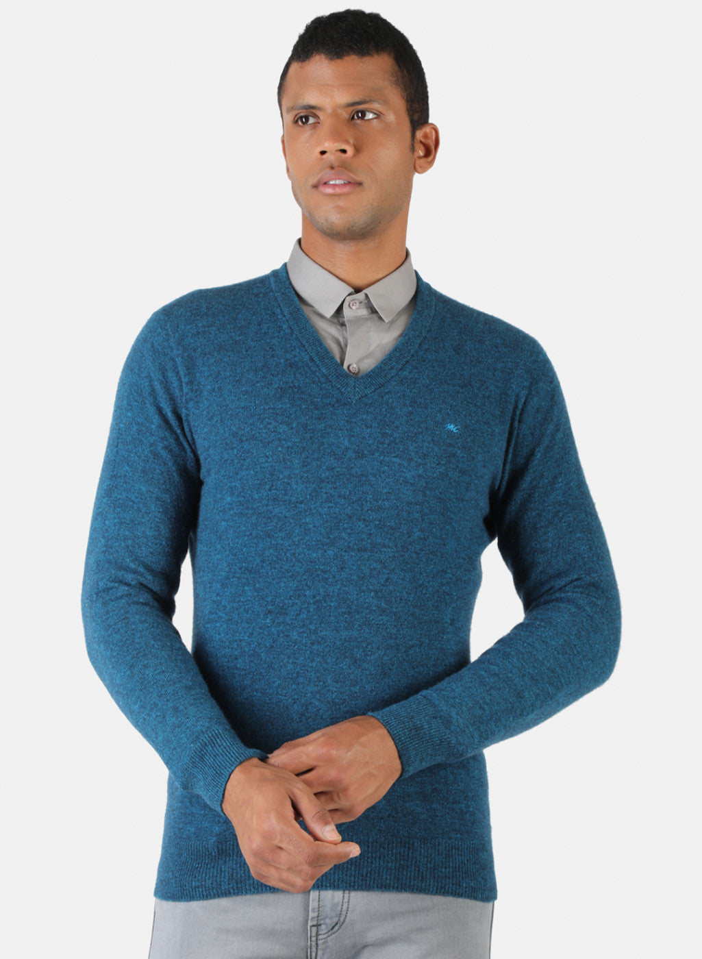 Men Blue Melange Solid Pullover