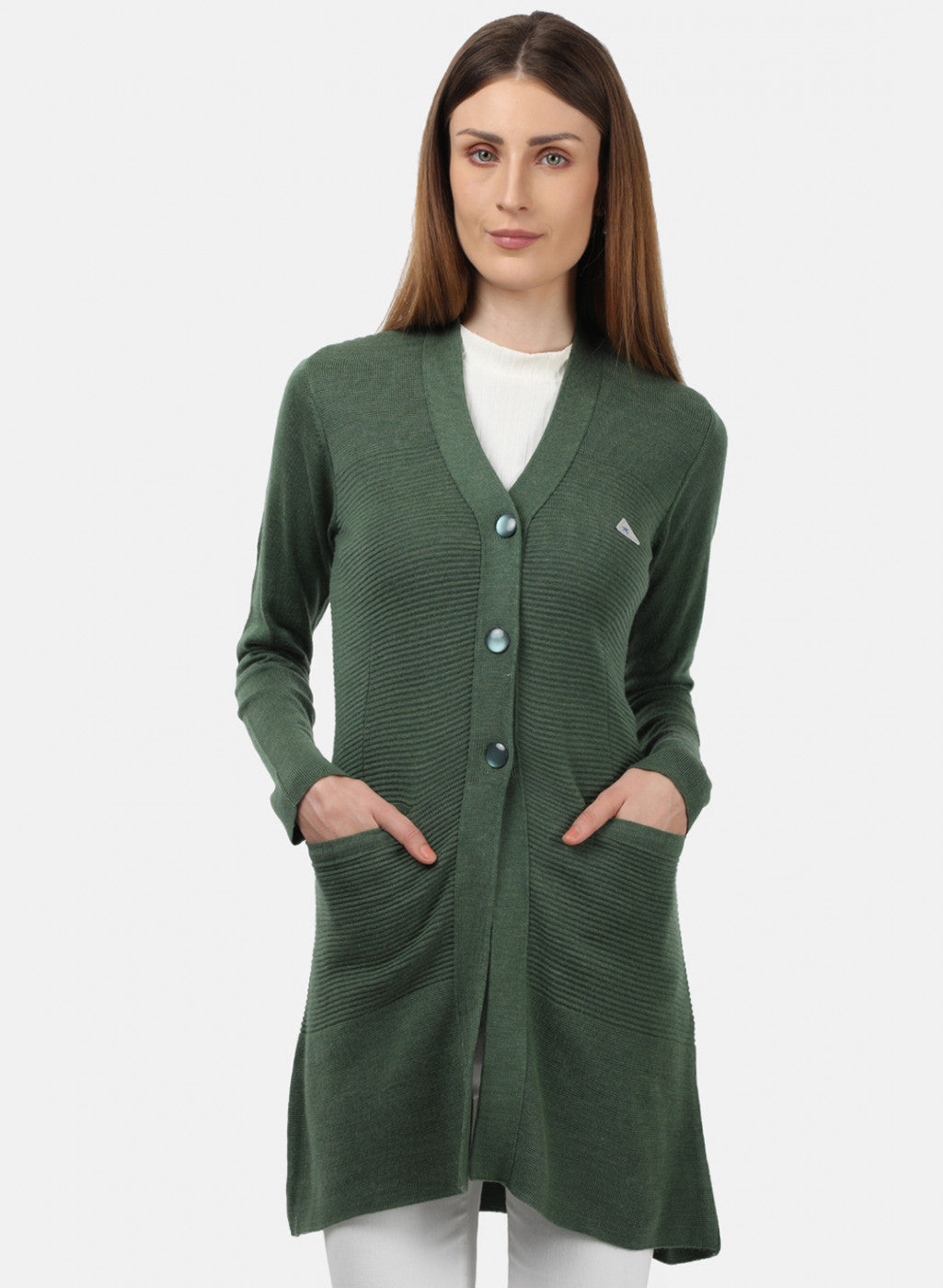 Women Green Self Design Cardigan