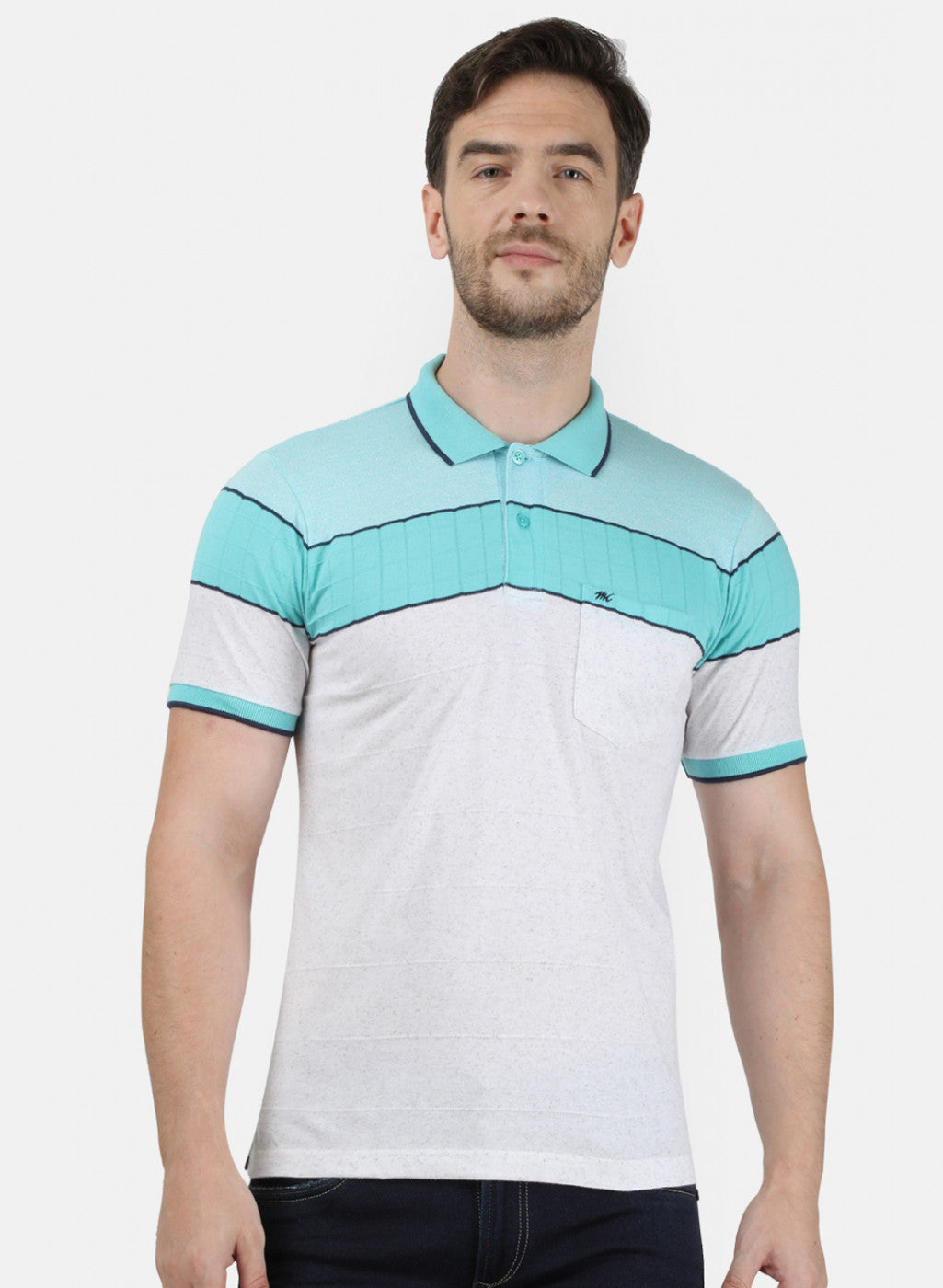 Mens Sea Green Stripe Collar T-Shirts