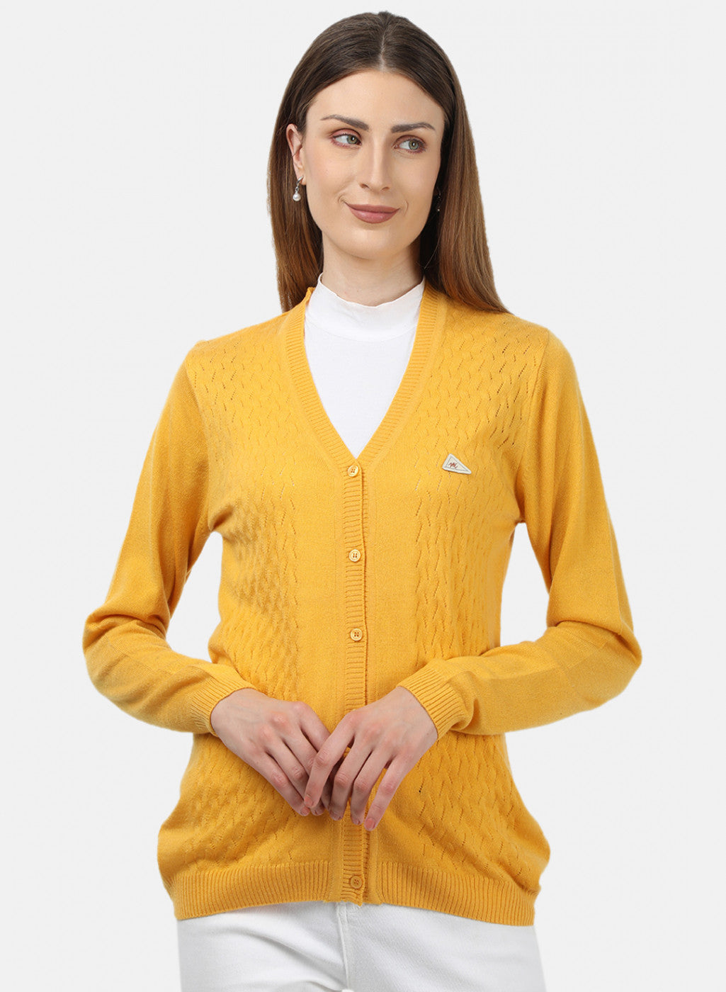 Women Yellow Self Design Cardigan