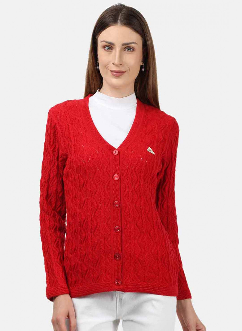 Women Red Self Design Cardigan