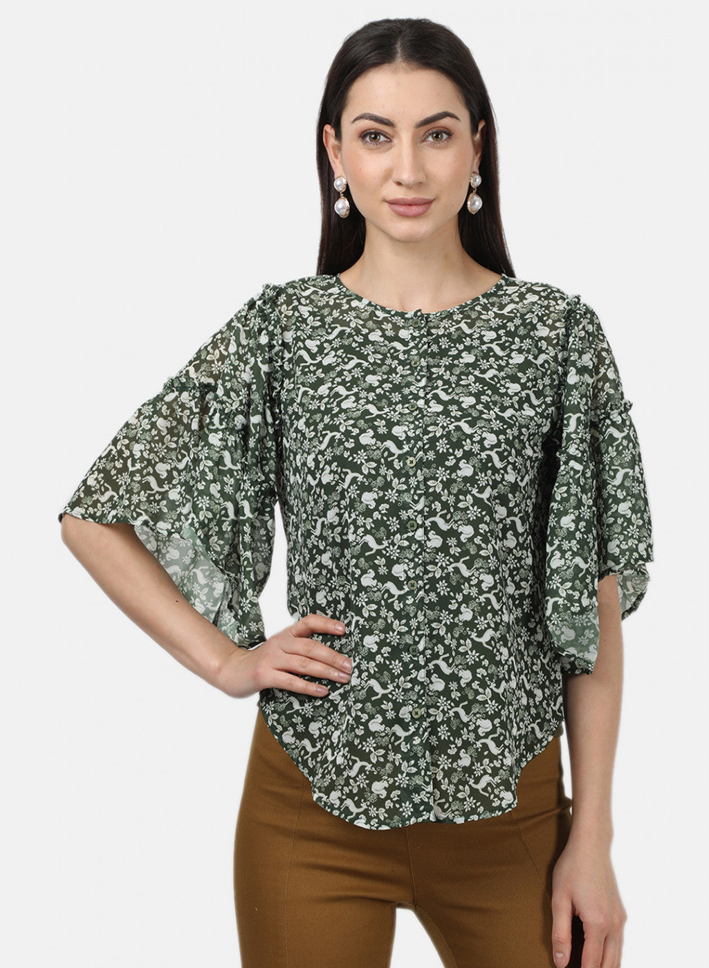 Womens Green Printed Tops