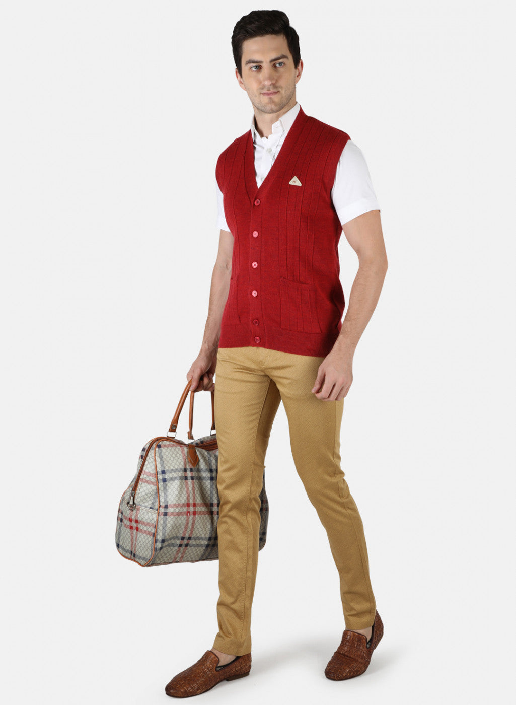 Men Red Solid Cardigan