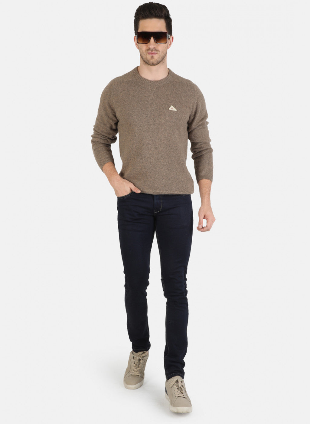 Men Beige Solid Pullover