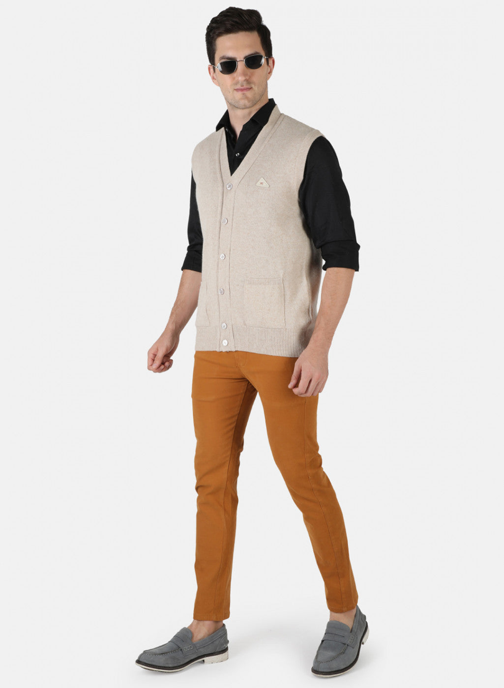 Men Beige Solid Cardigan