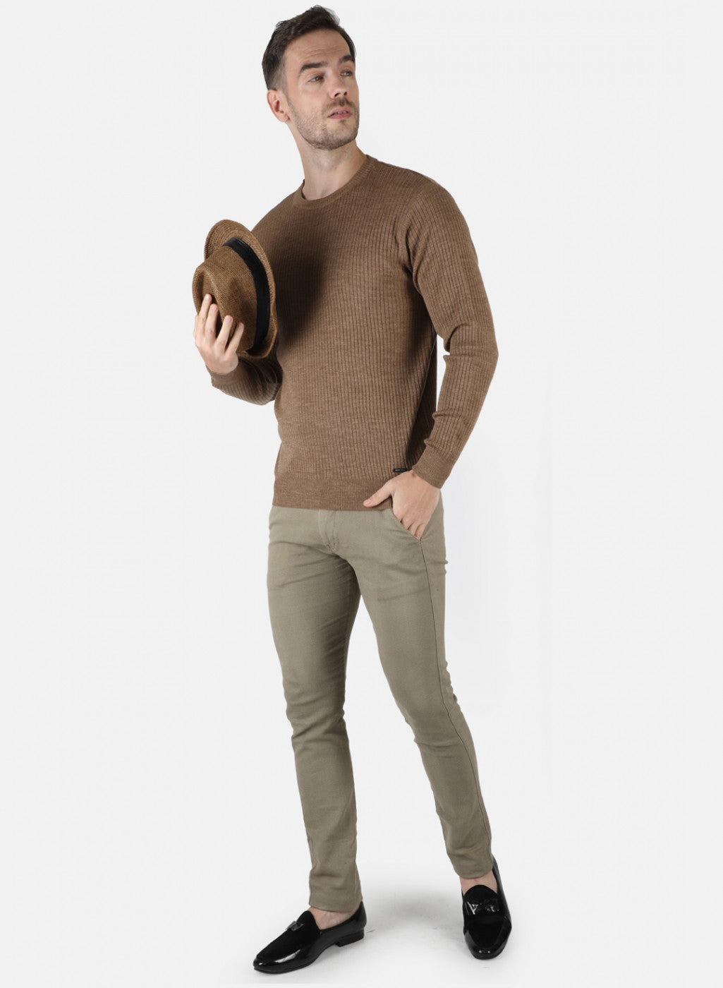 Men Khaki Solid Pullover