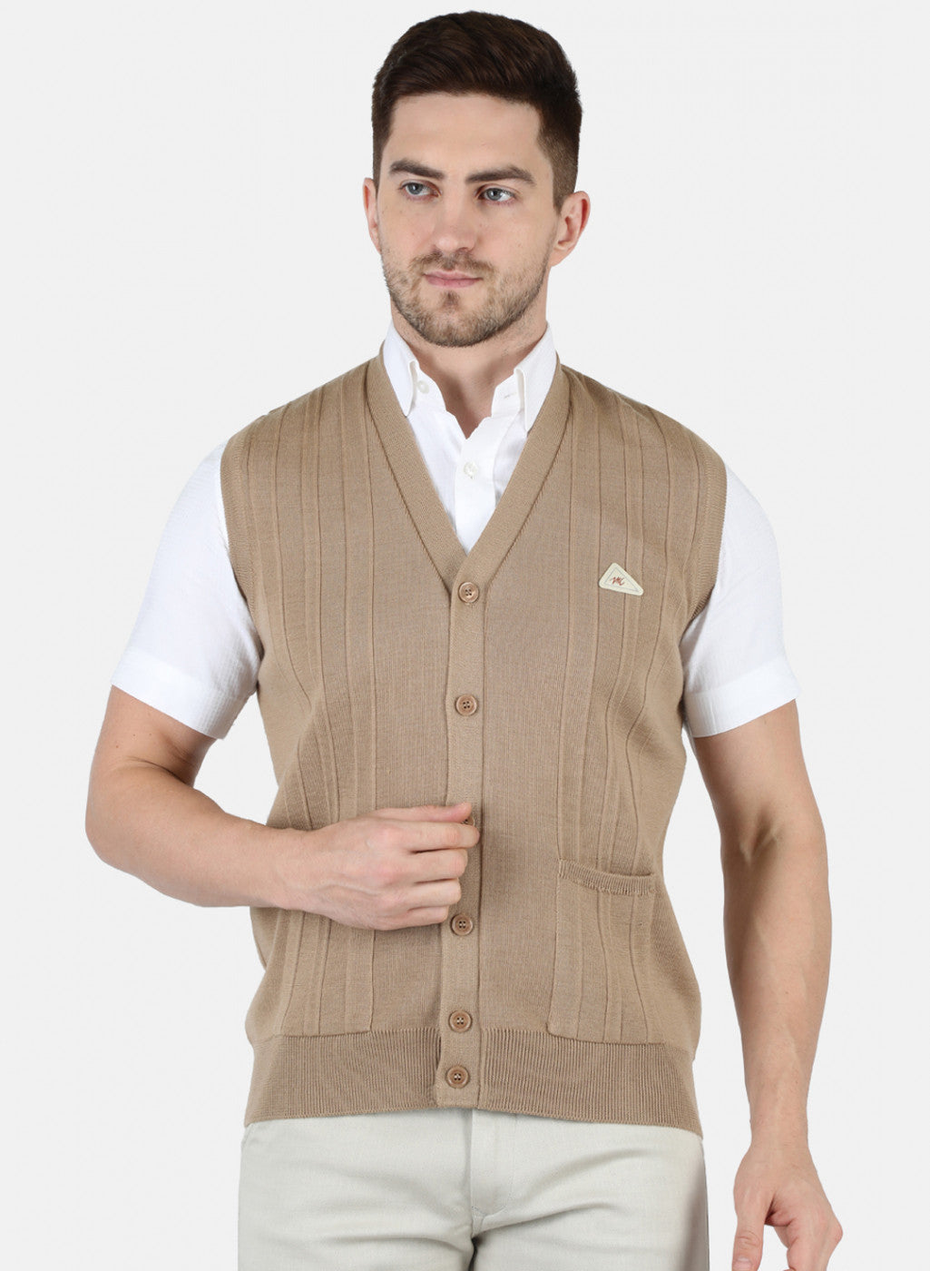 Men Beige Solid Cardigan