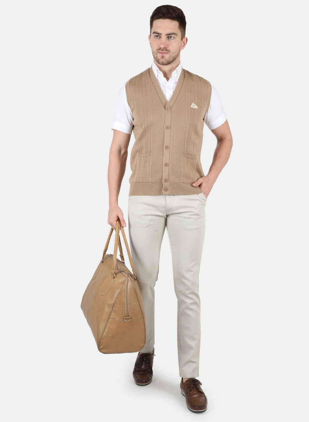 Men Beige Solid Cardigan