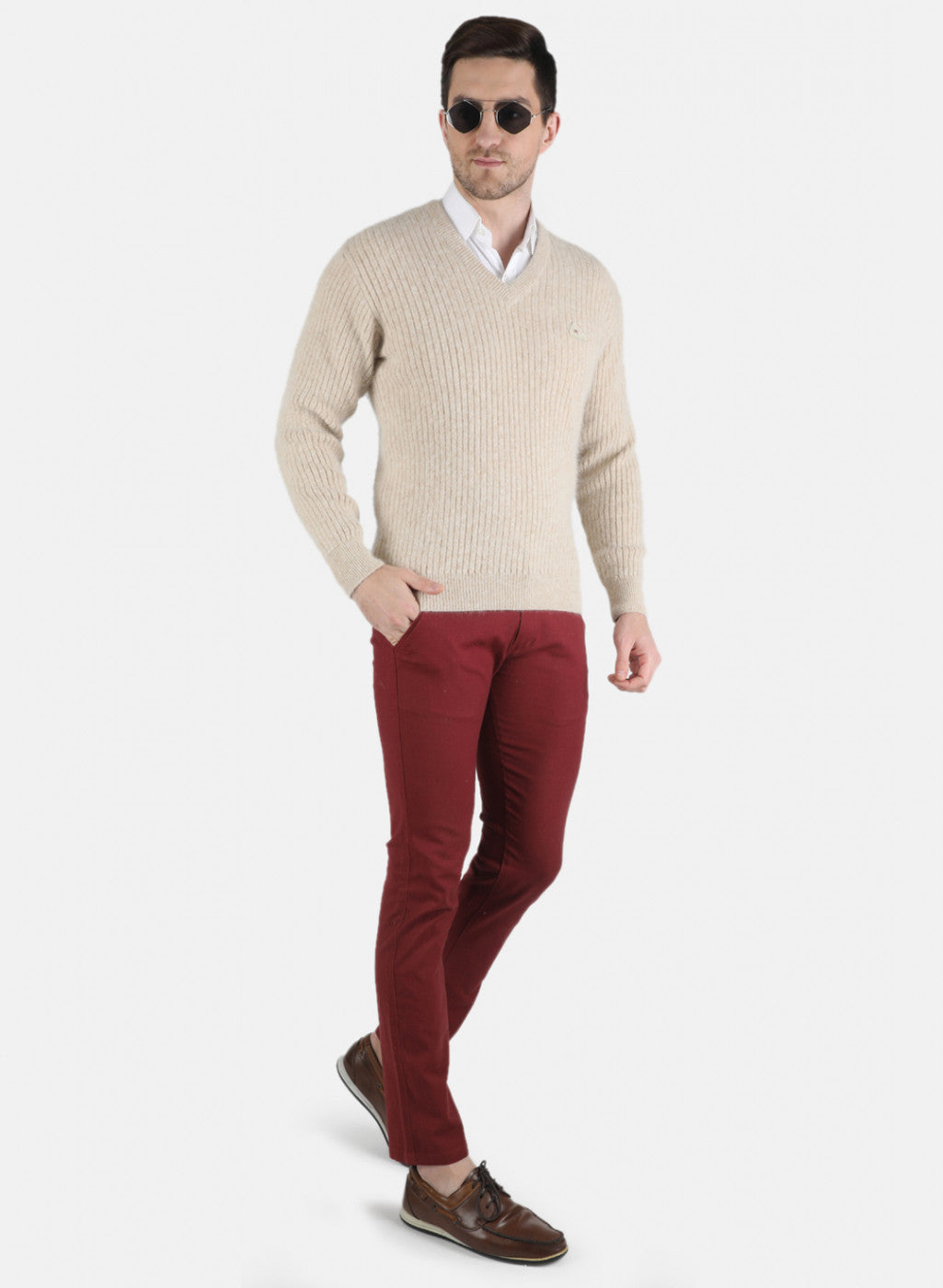 Men Beige Solid Pullover