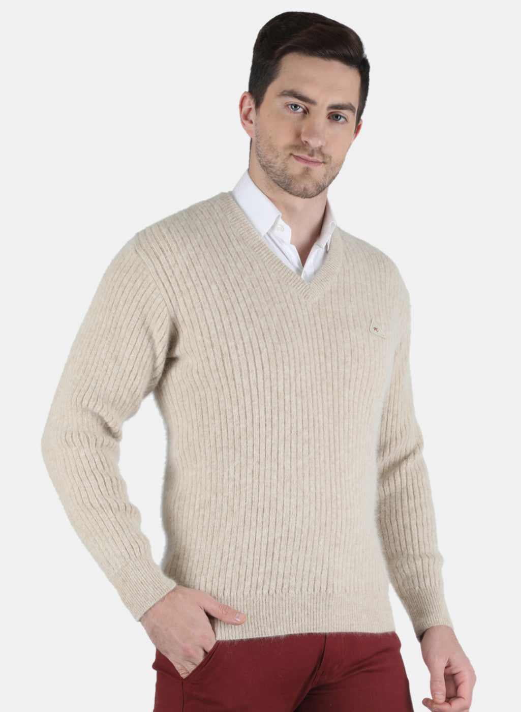 Men Beige Solid Pullover