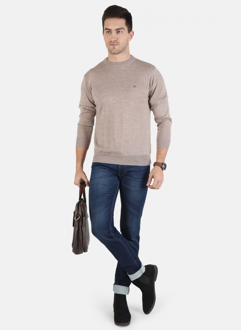 Men Beige Solid Pullover