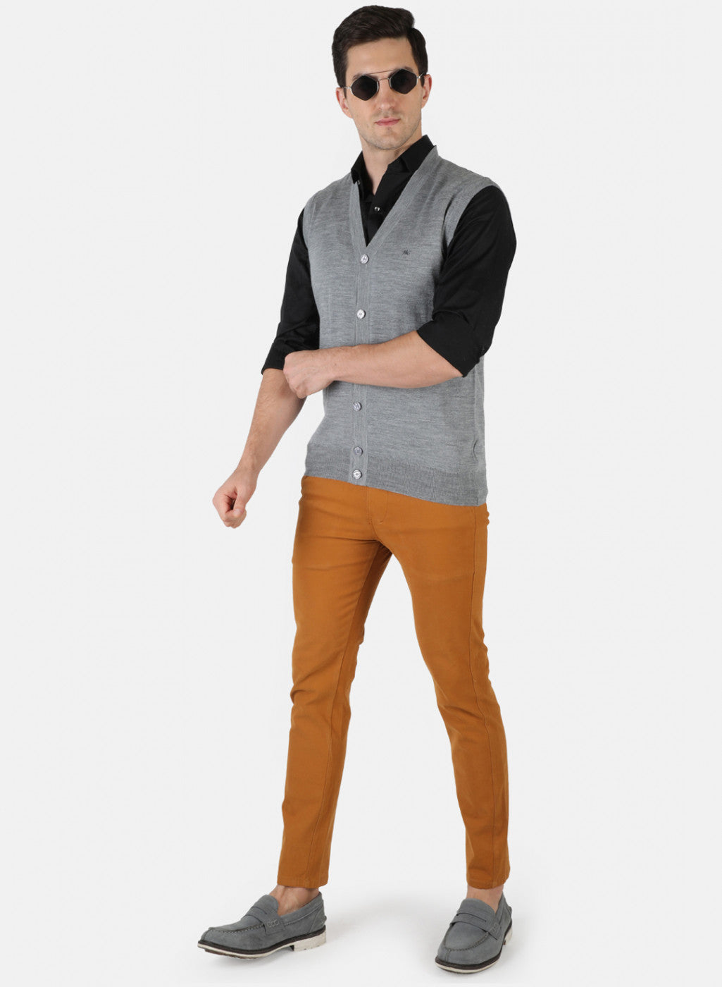 Men Grey Solid Cardigan