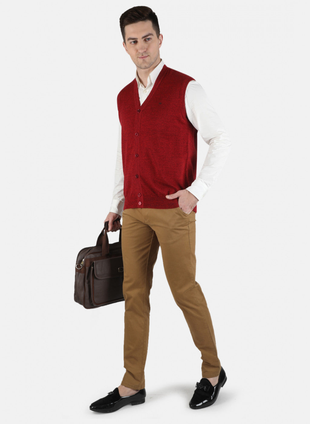 Men Red Solid Cardigan