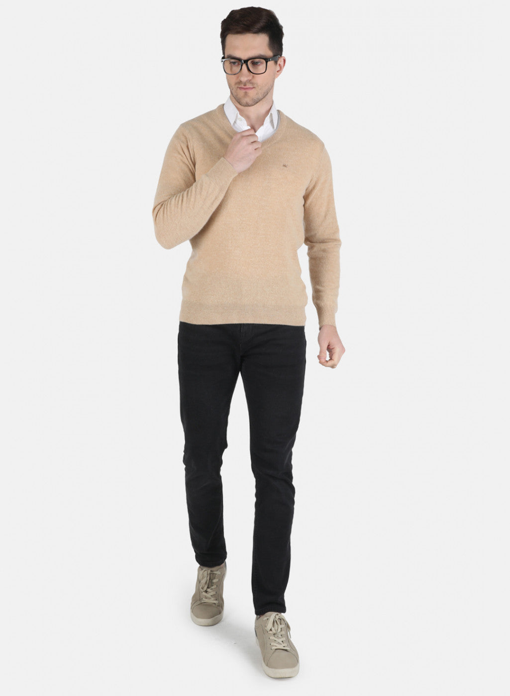 Men Beige Solid Pullover