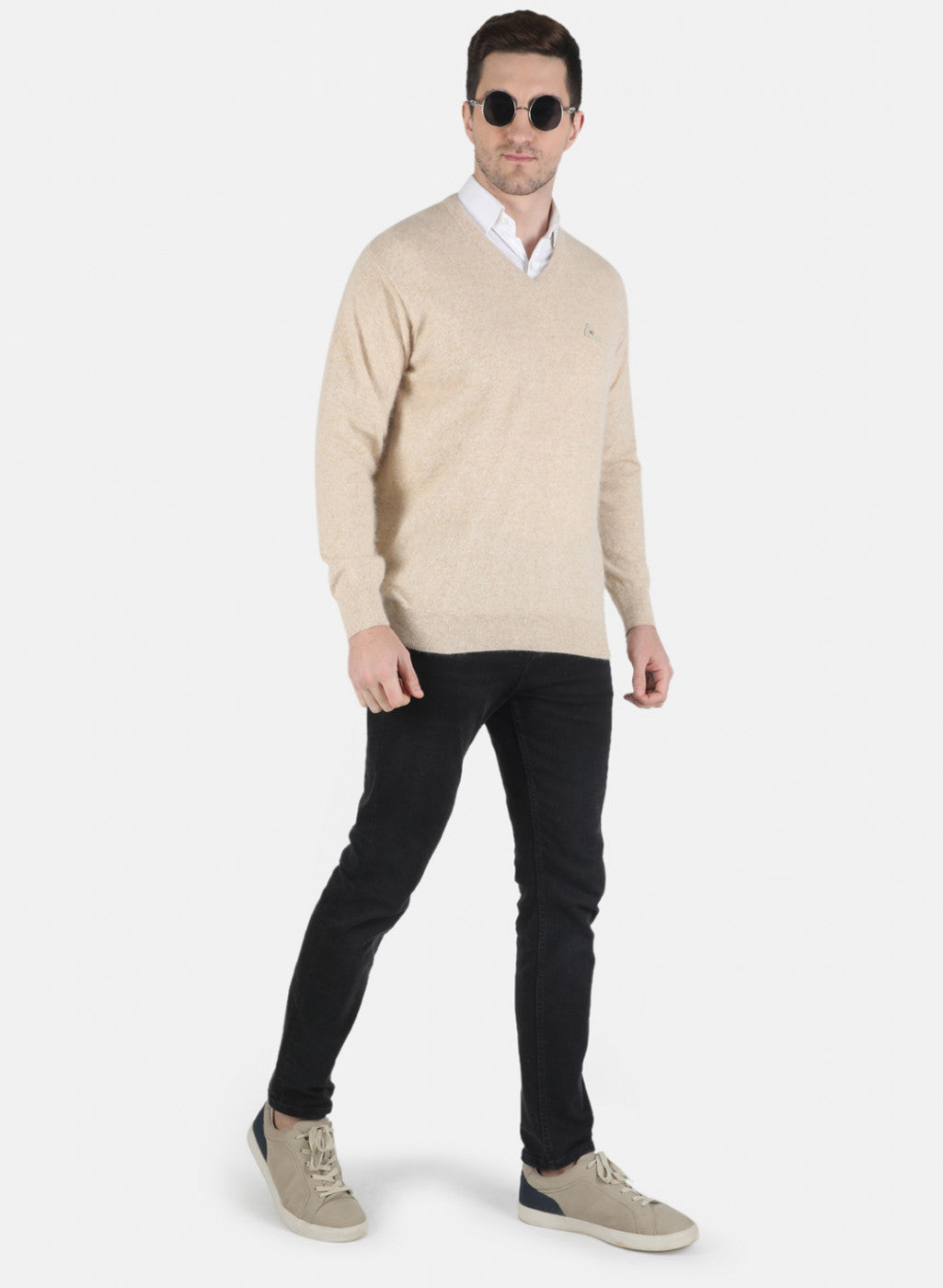 Men Beige Solid Pullover