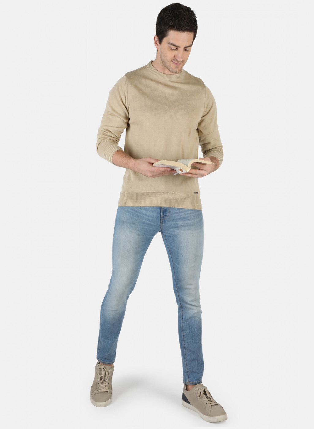 Men Beige Solid Pullover