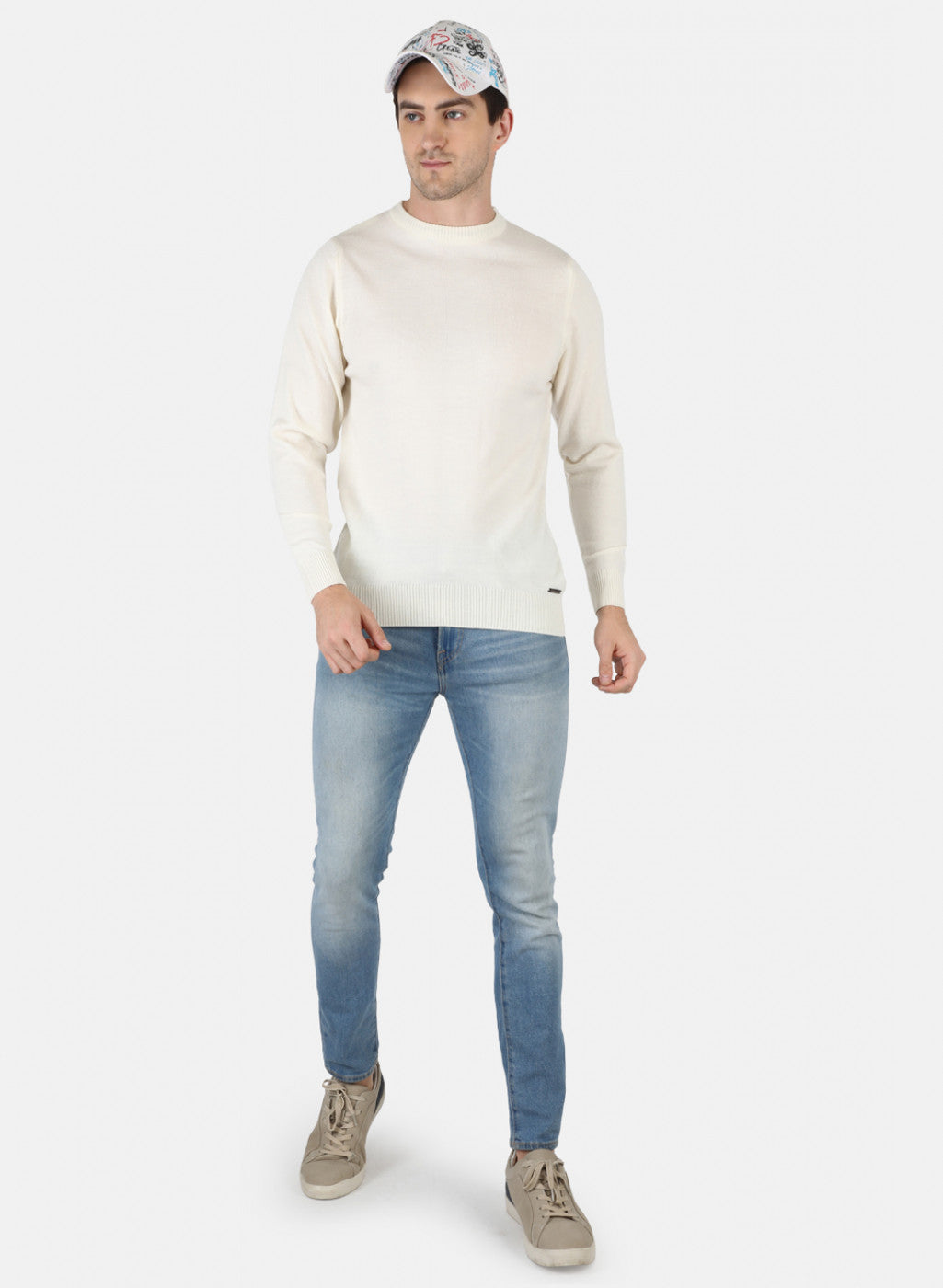 Men Off White Solid Pullover