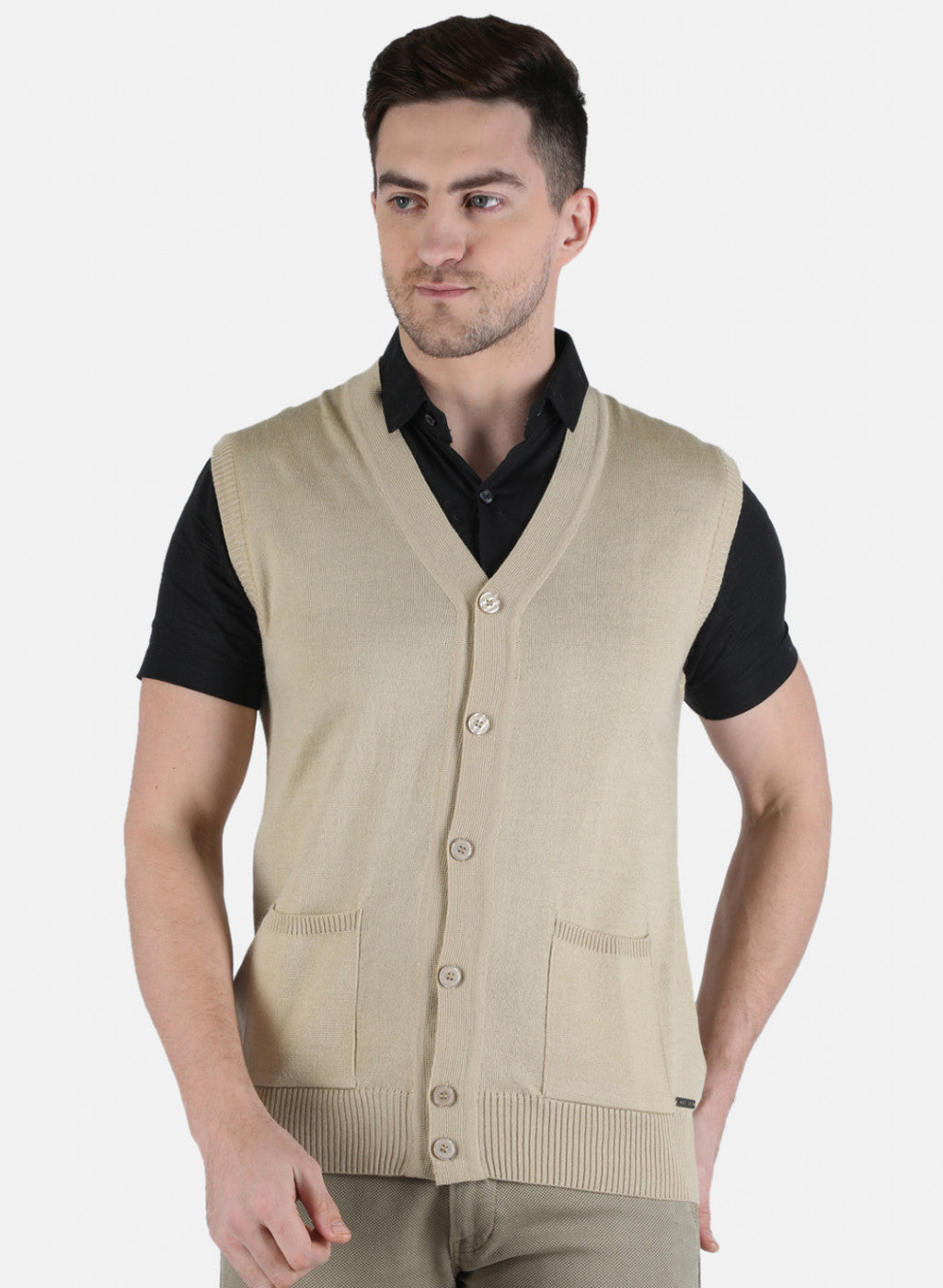 Men Beige Solid Cardigan