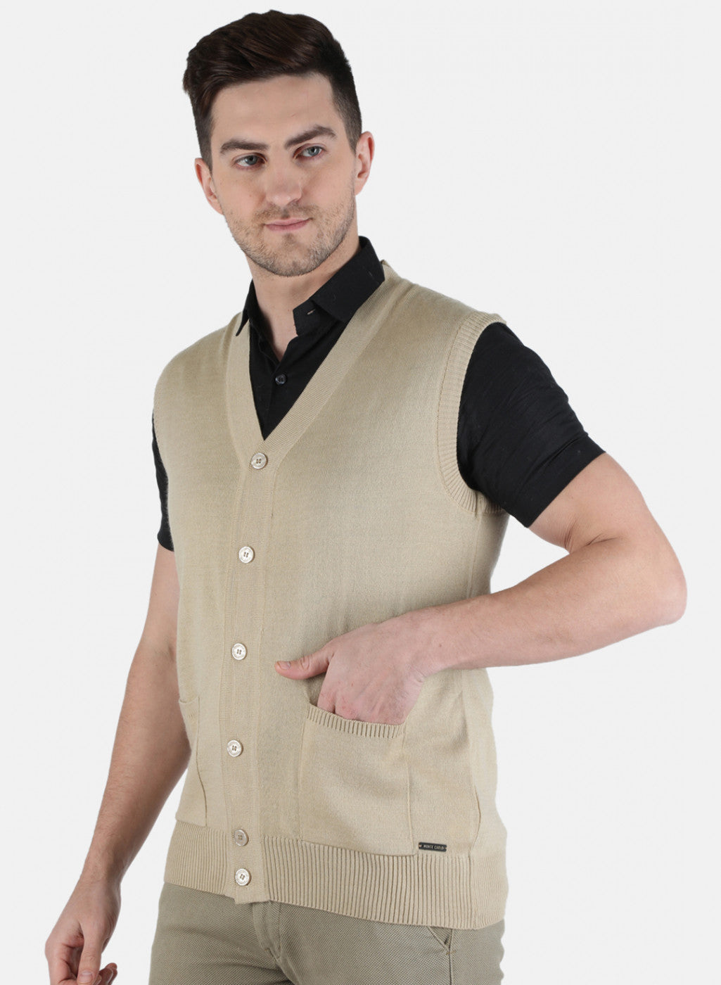 Men Beige Solid Cardigan