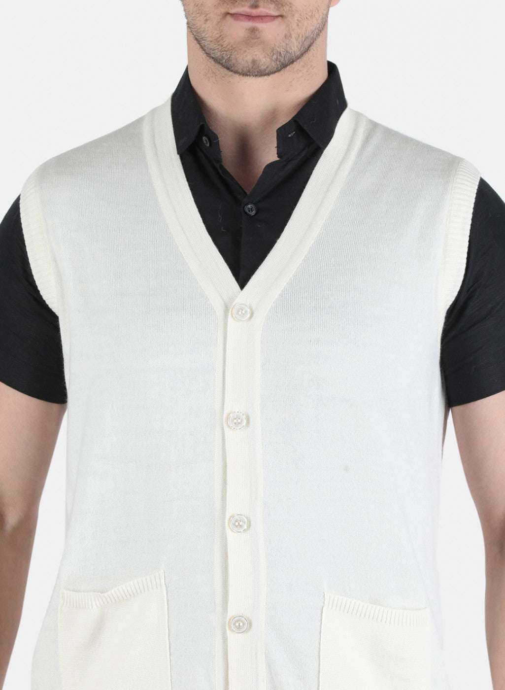 Men Off White Solid Cardigan