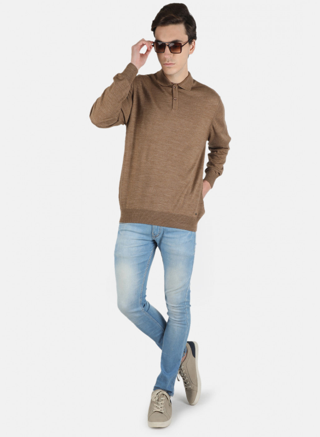 Men Khaki Solid T-Shirt