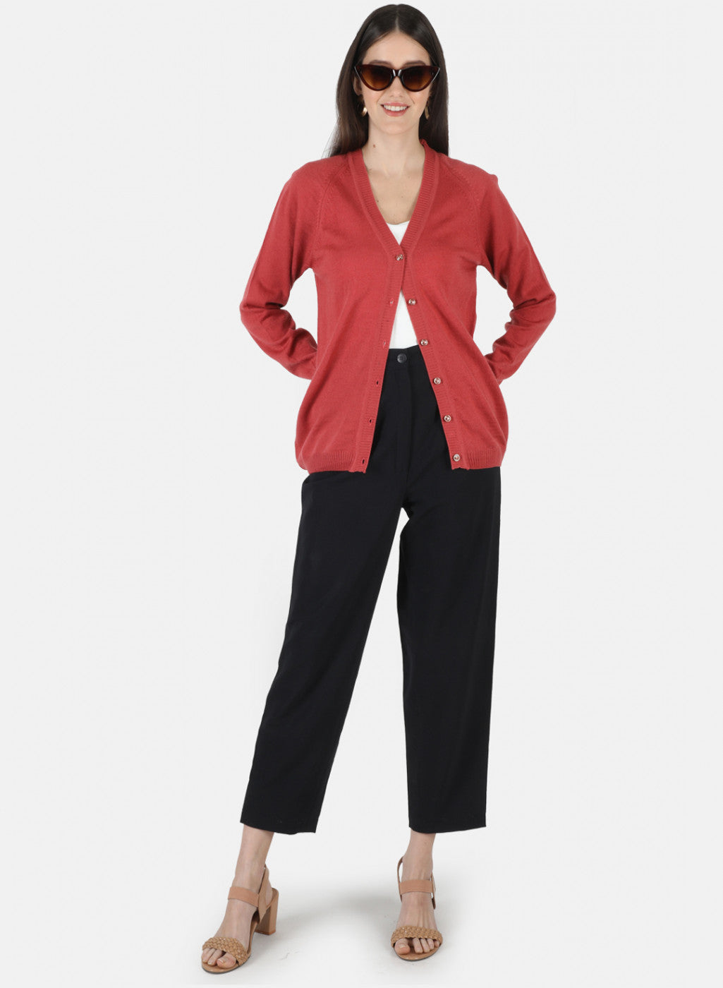 Women Red Solid Cardigan