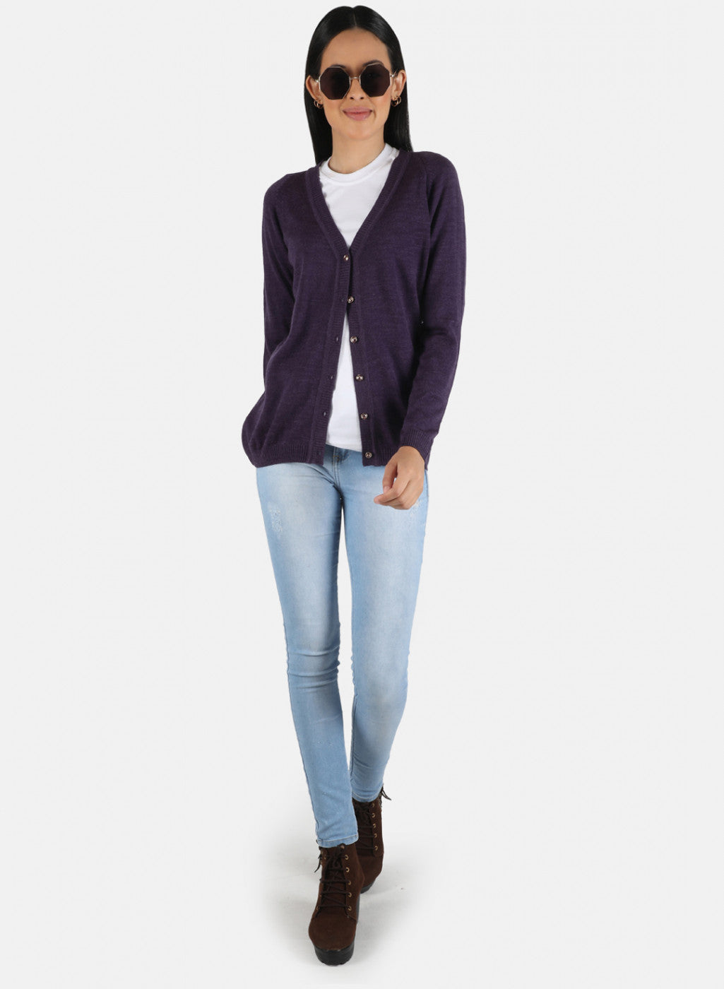 Women Purple Solid Cardigan