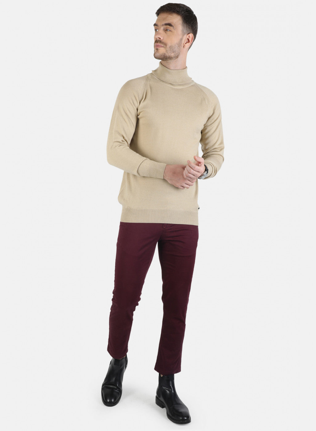 Men Beige Solid Pullover