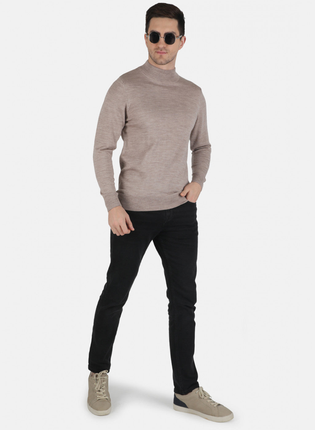 Men Beige Solid Pullover