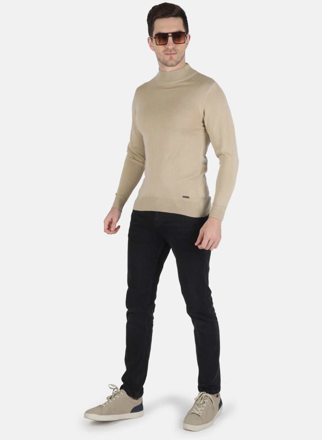 Men Beige Solid Pullover