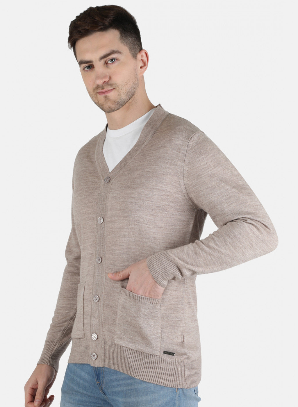 Men Beige Solid Cardigan