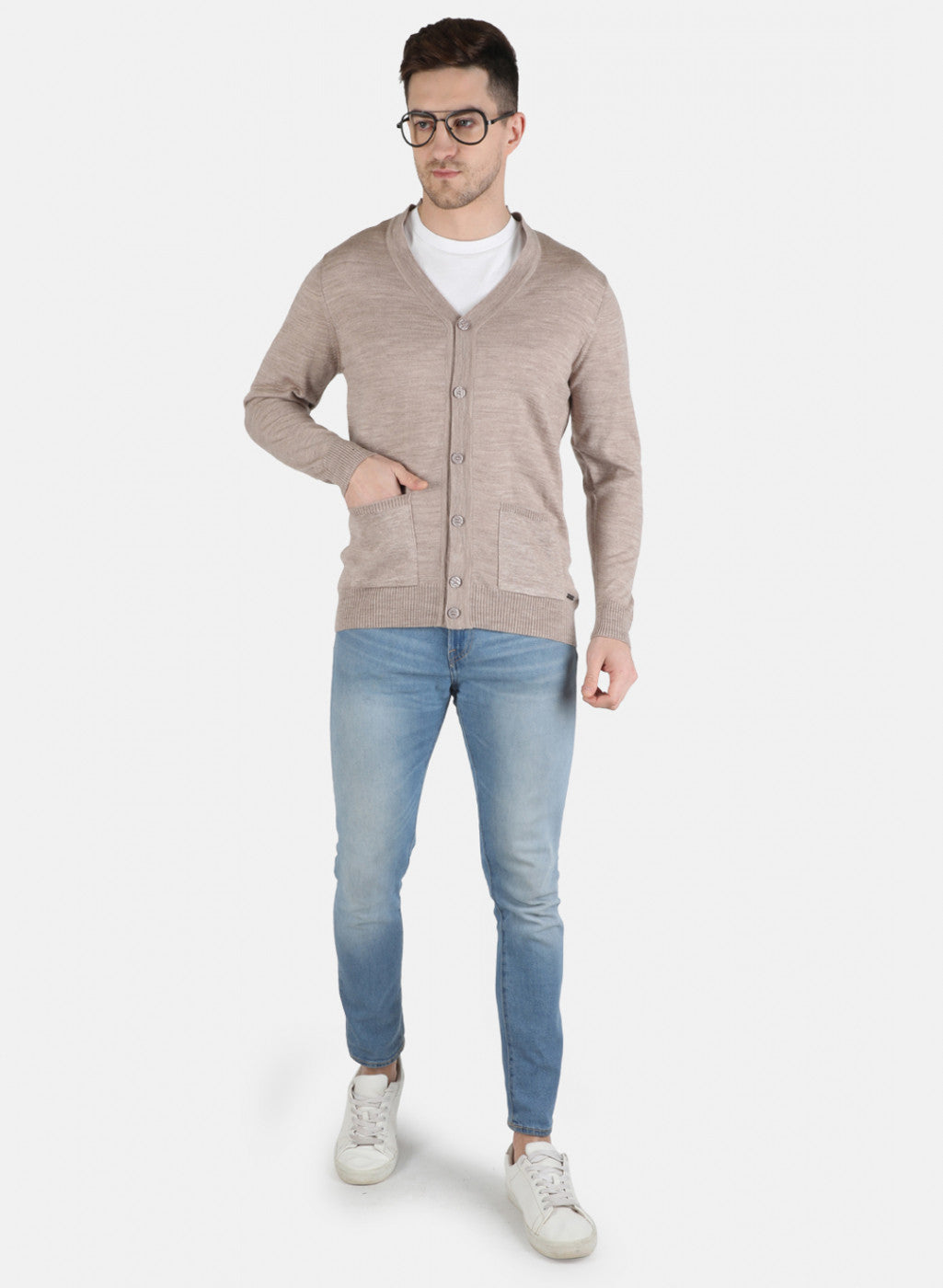 Men Beige Solid Cardigan