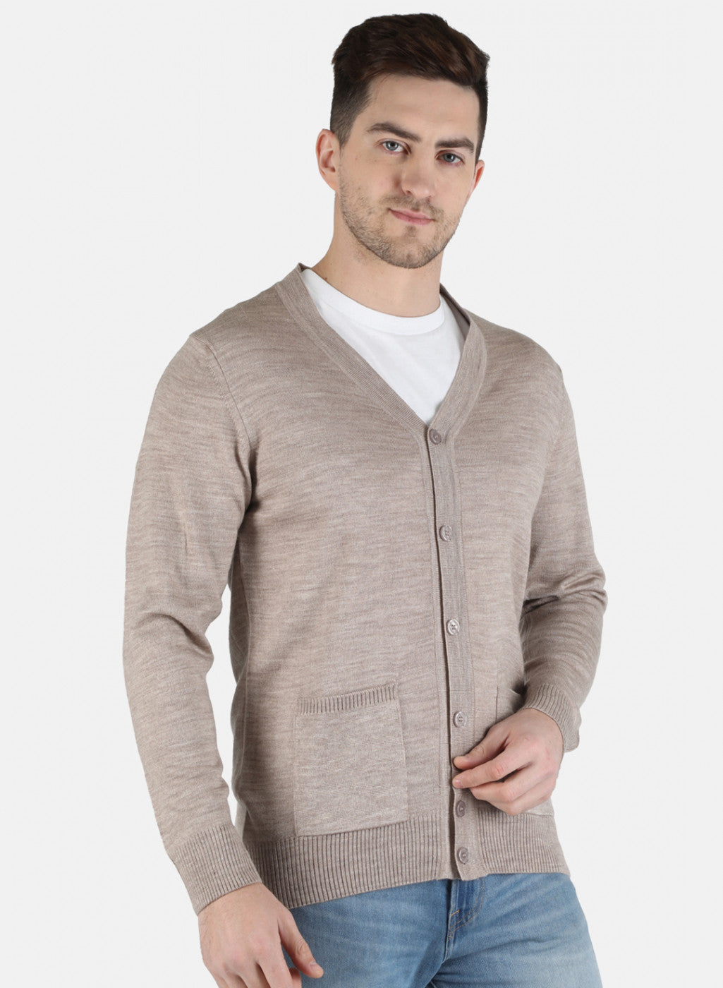 Men Beige Solid Cardigan