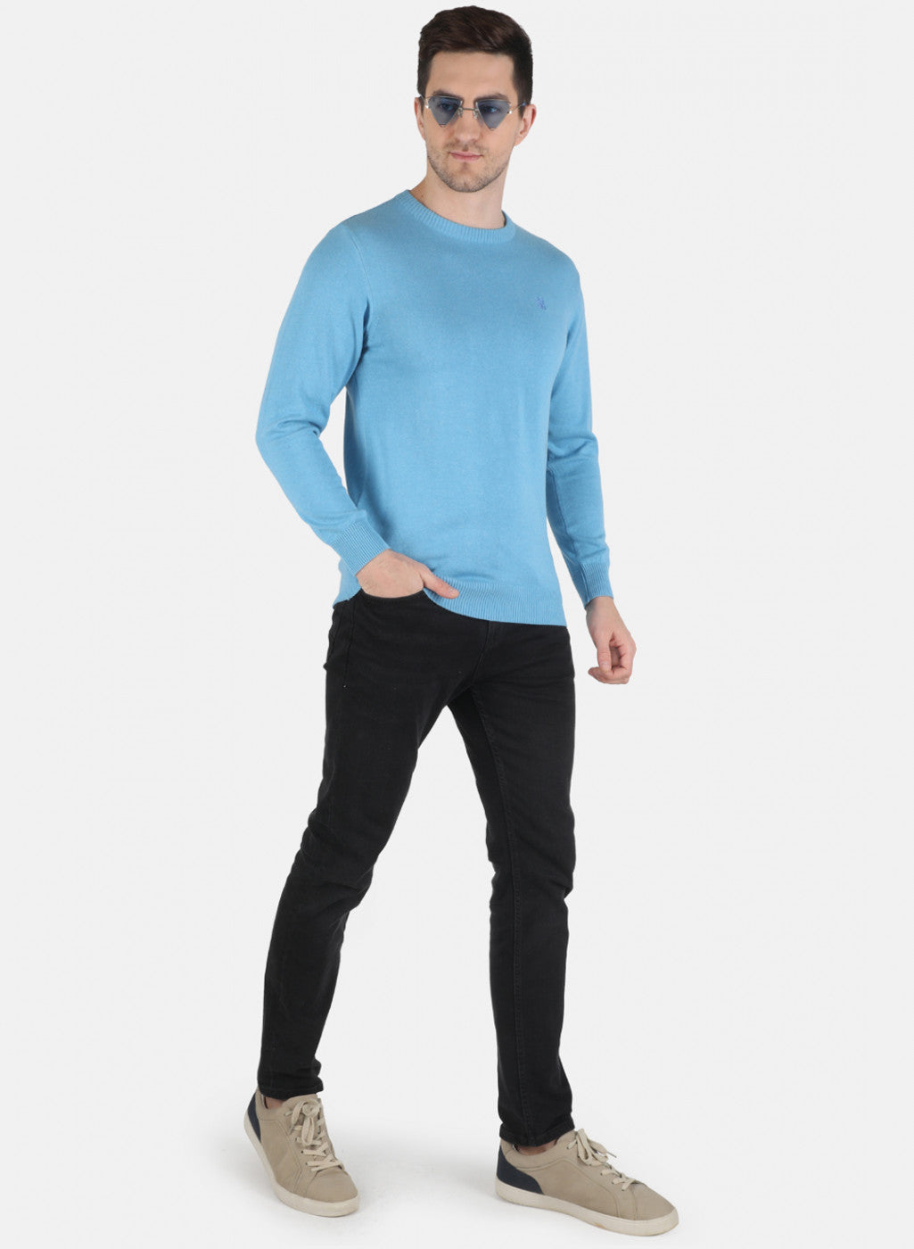 Men Sky Blue Solid Pullover