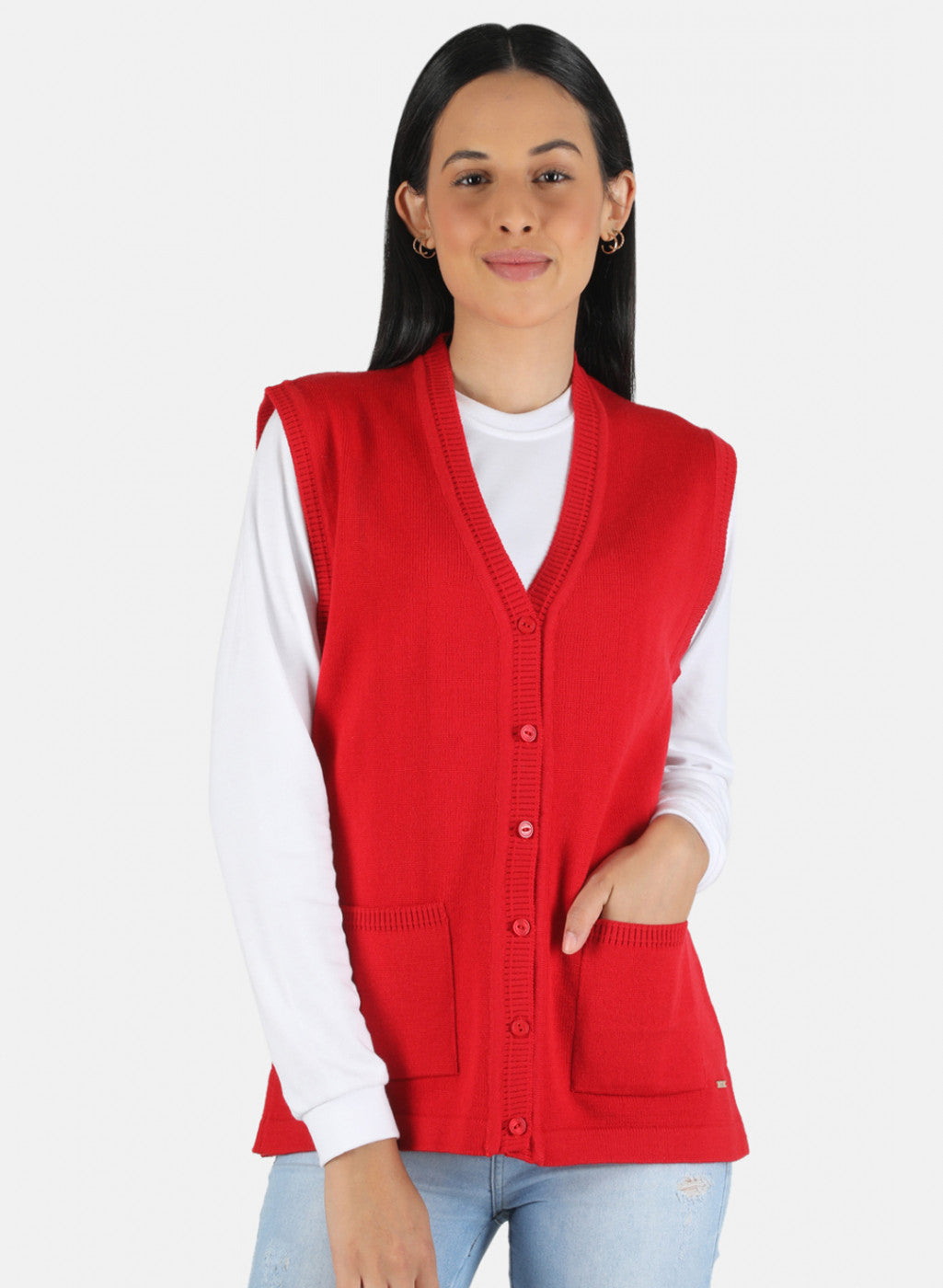 Women Red Solid Cardigan