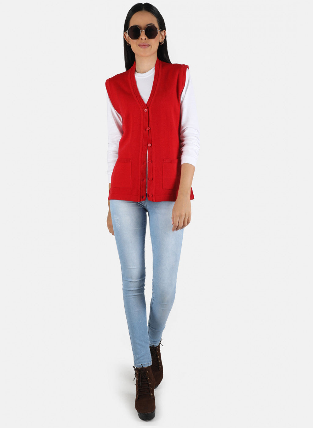 Women Red Solid Cardigan