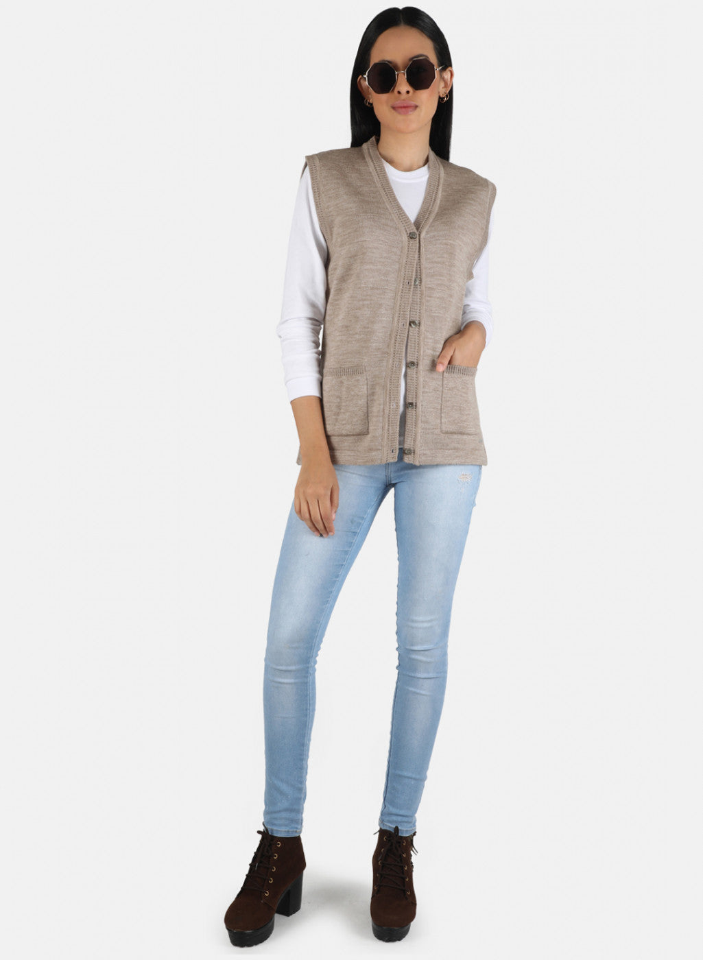 Women Beige Solid Cardigan