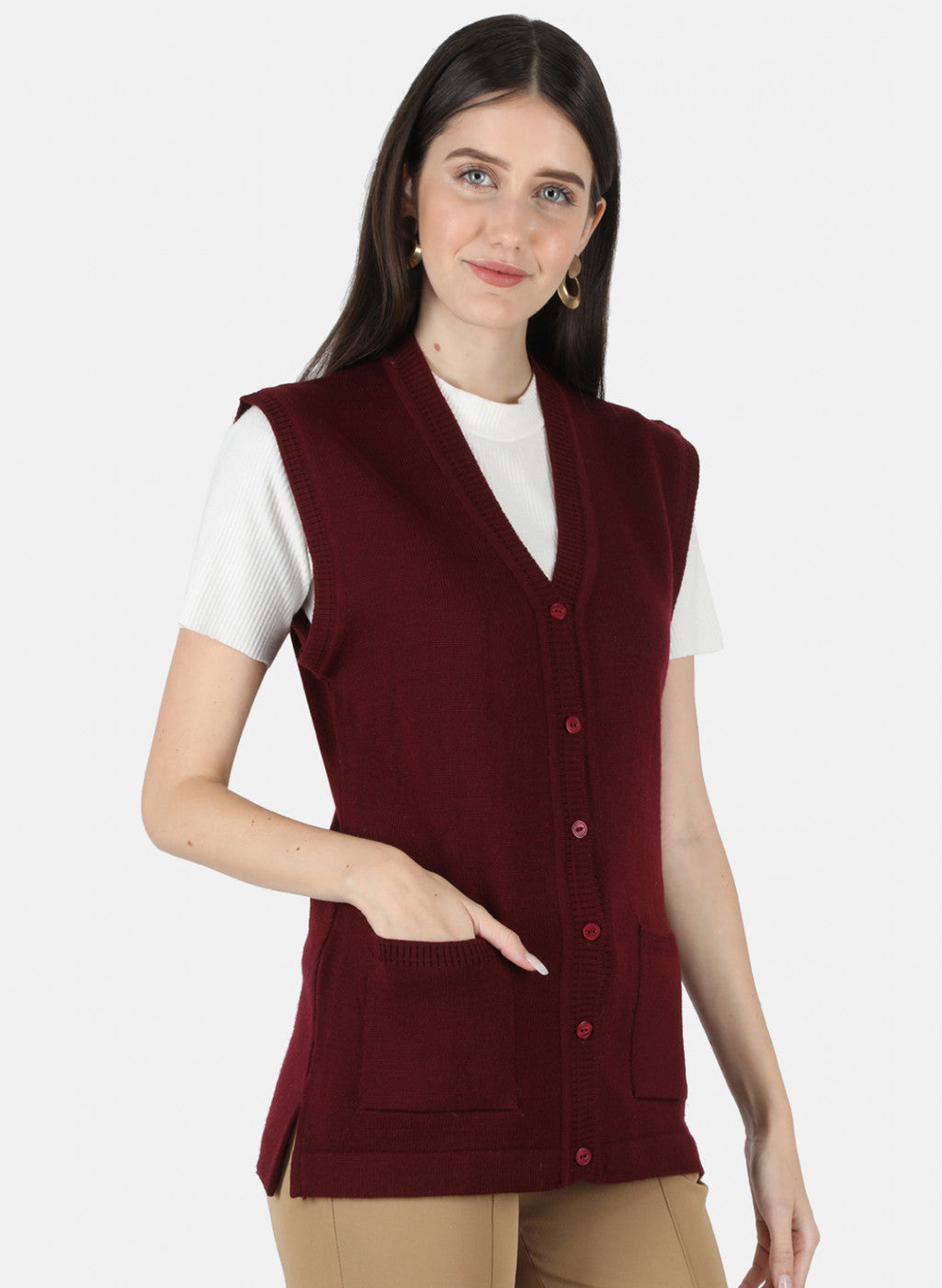 Women Maroon Solid Cardigan