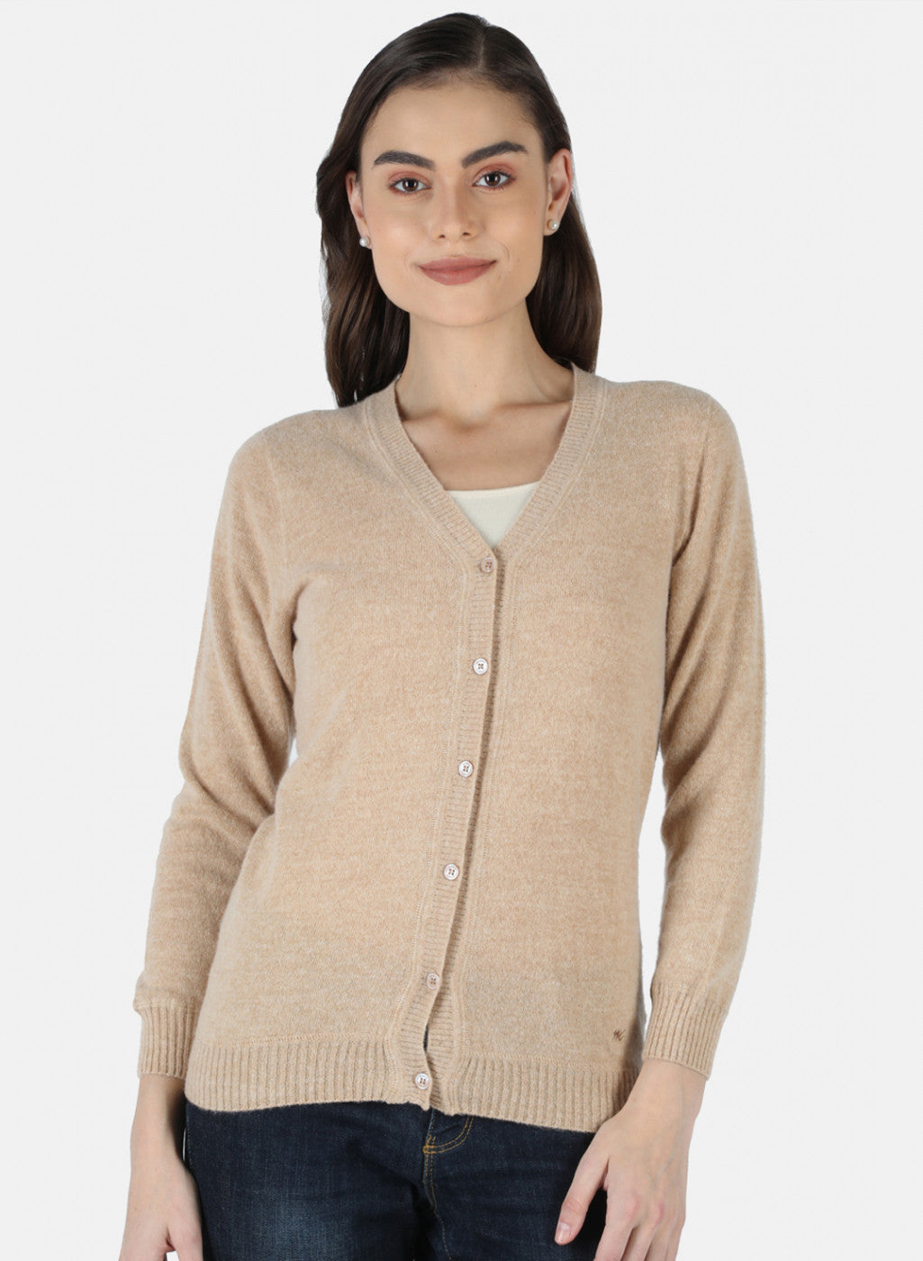 Women Beige Solid Cardigan